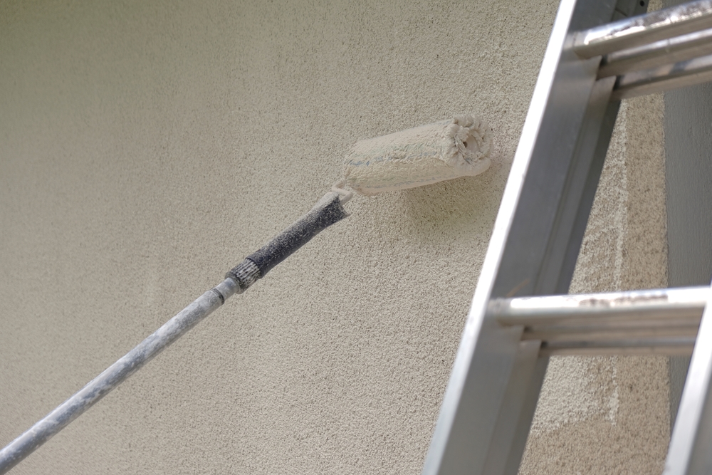 Roller,And,Metal,Building,Ladder,On,A,Beige,Wall.home,Renovation