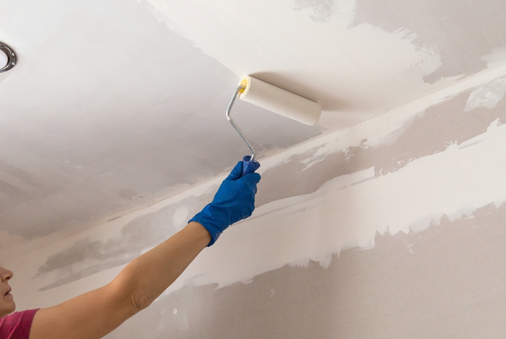 Female,Worker,Applying,Whitewash,On,The,Ceiling,Using,A,Handle
